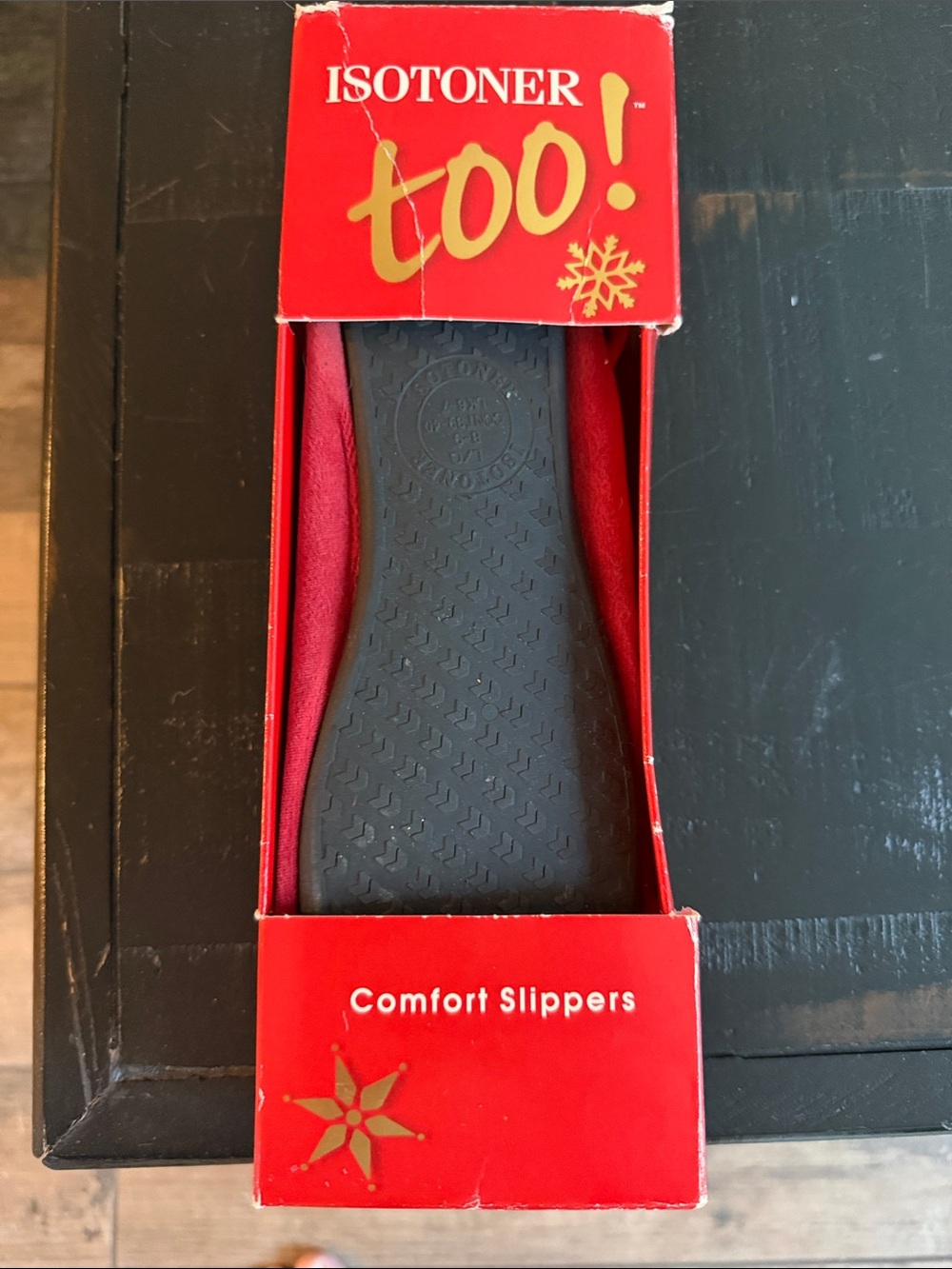 isotoner red slip-on comfort slippers with black sole